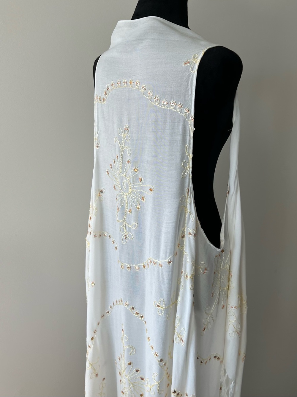 Boho Tall White Embellished Cover Up / Long Flowy Vest with Fringe